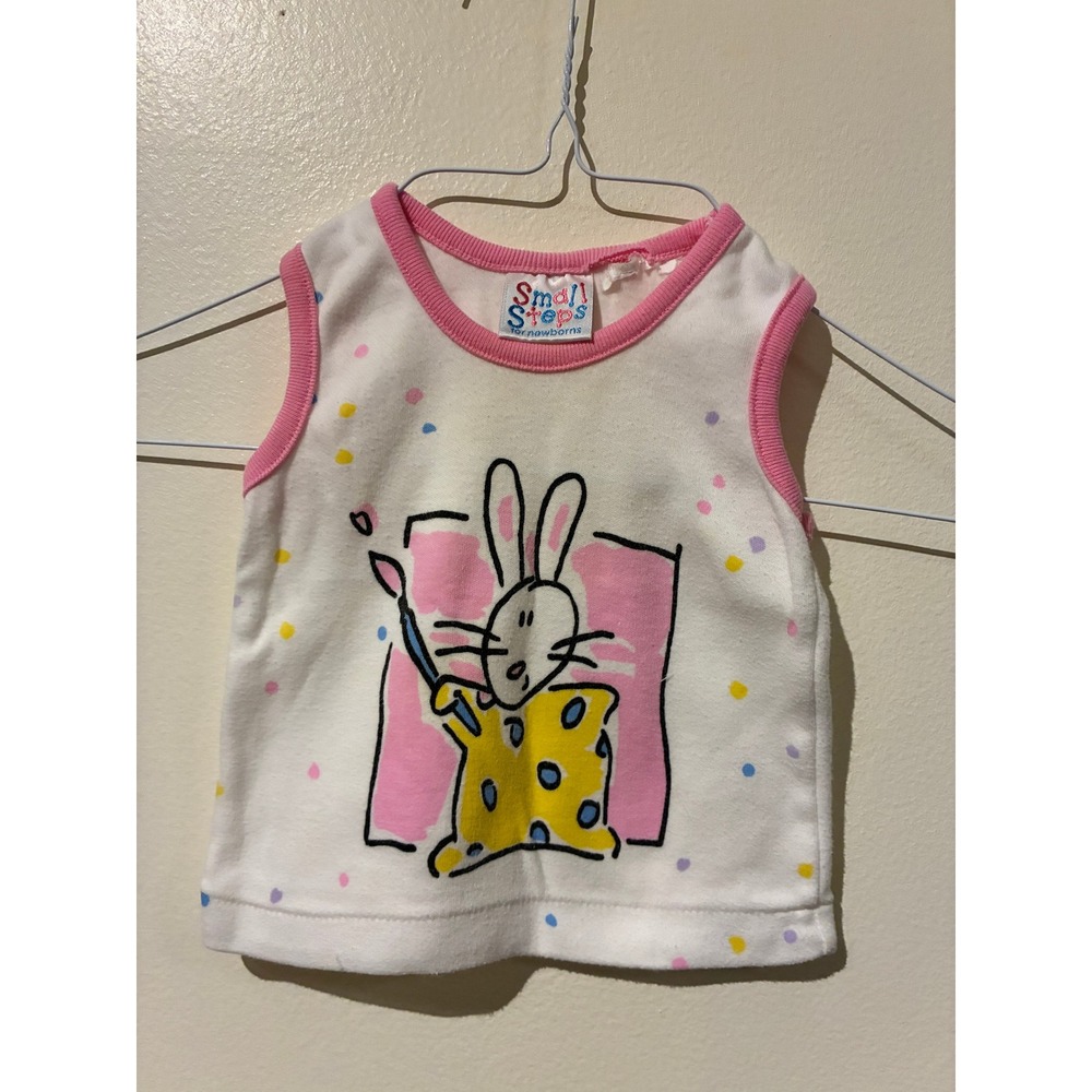 Small Steps Newborn Sleeveless Top White Pink Bunny Artist Graphic Polka Dot